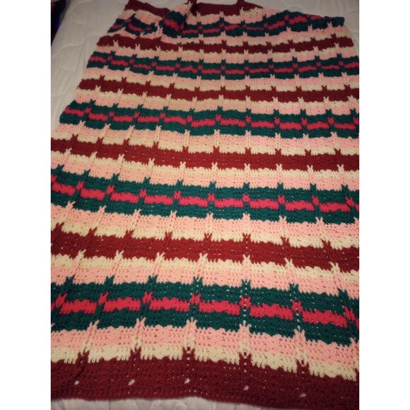 Vintage VTG Hand Crocheted Throw 56" 88" Pink Green Brown White Handmade OOAK - Picture 2 of 5